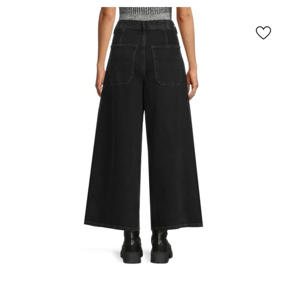 Free People Button Fly High Rise Super Wide Leg Cropped Landry Jeans Sz 27 Black - Picture 2 of 9